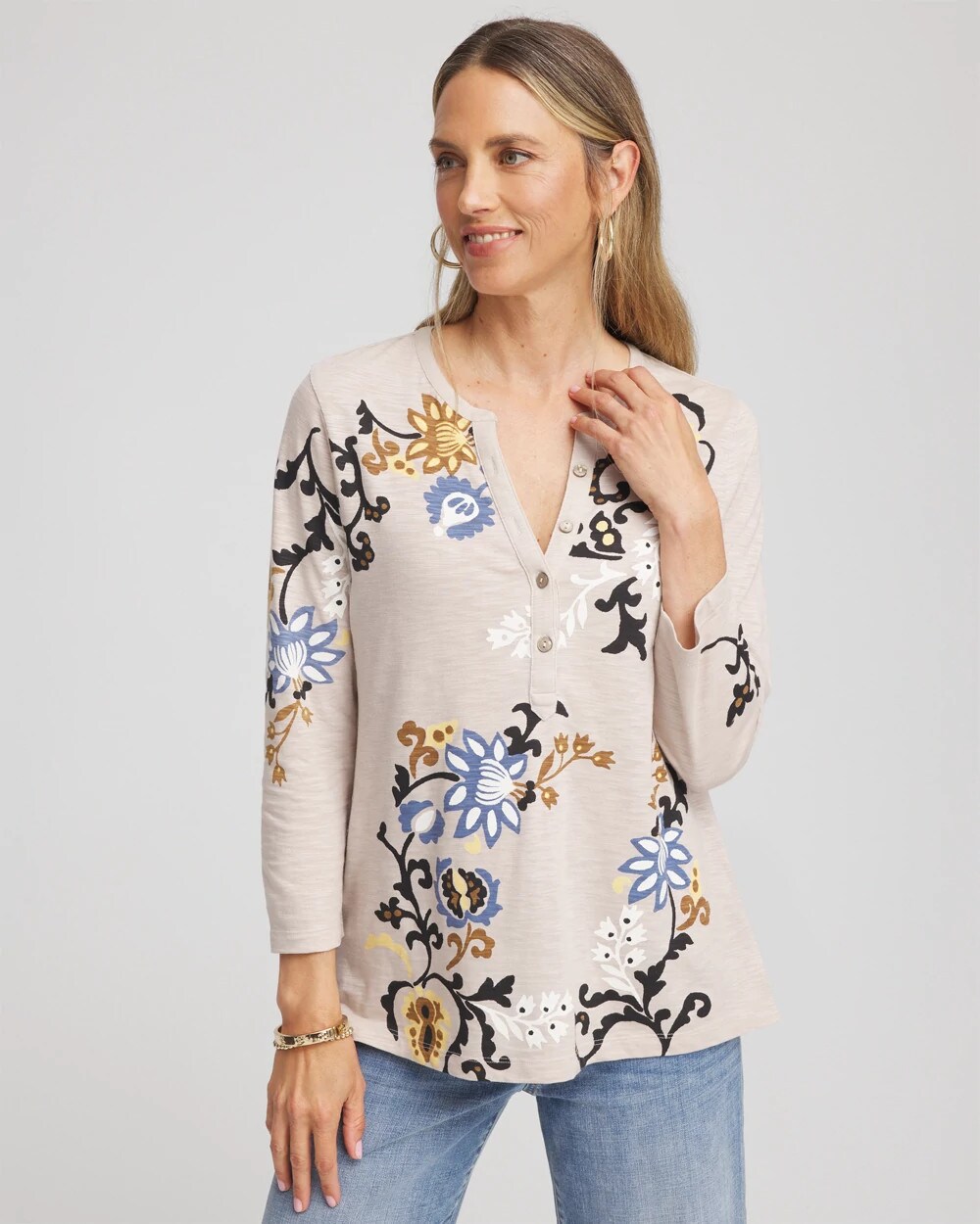 Chico⭐︎ Paisley Cotton-Slub Splitneck Henley | Chico's